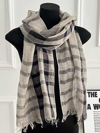 Womens Linen Striped Long Scarf Shawl