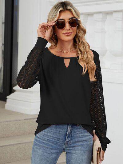 Cutout Round Neck Long Sleeve T-Shirt with Lace Detail