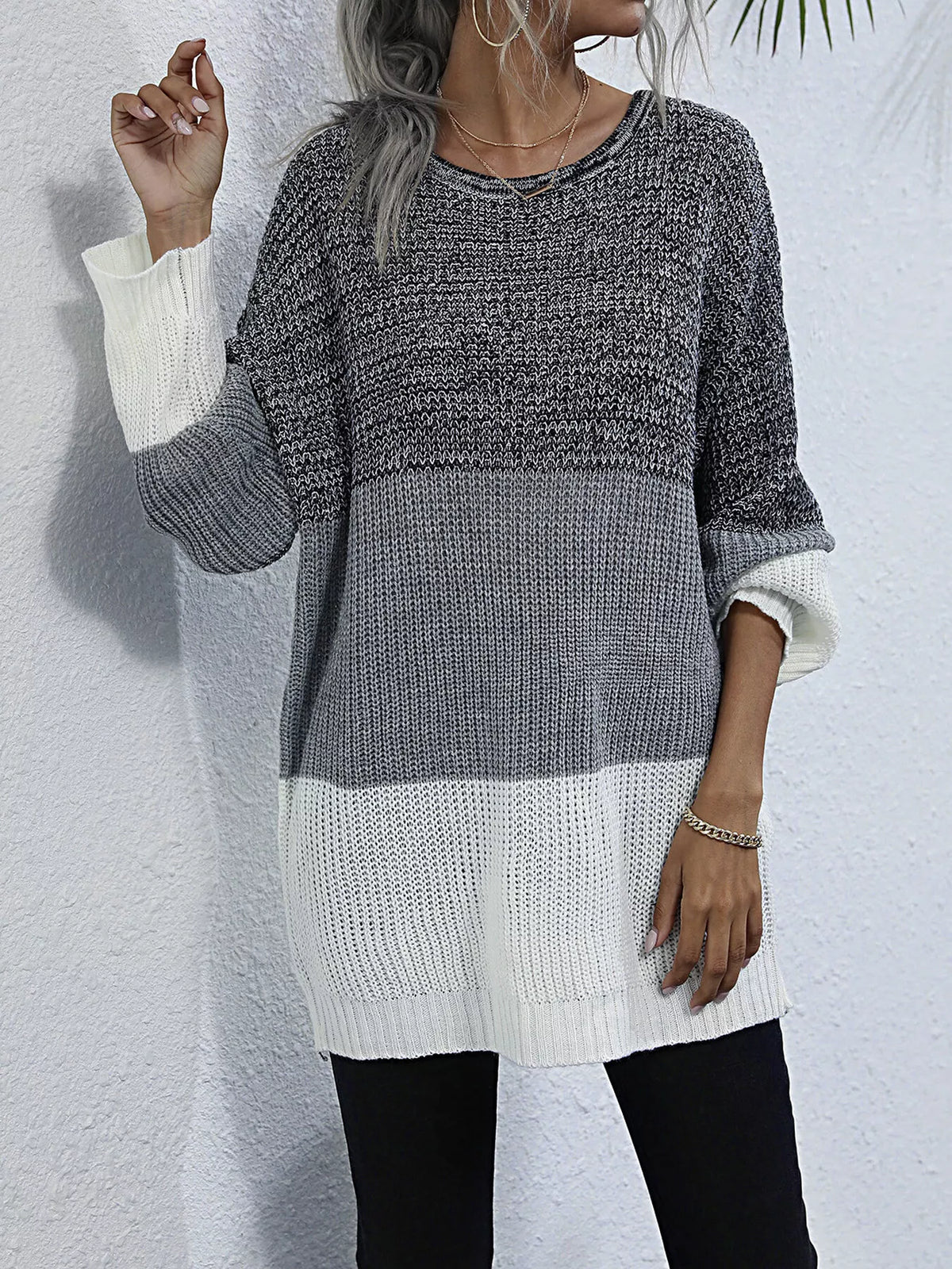 Color Block Round Neck Oversized Sweater