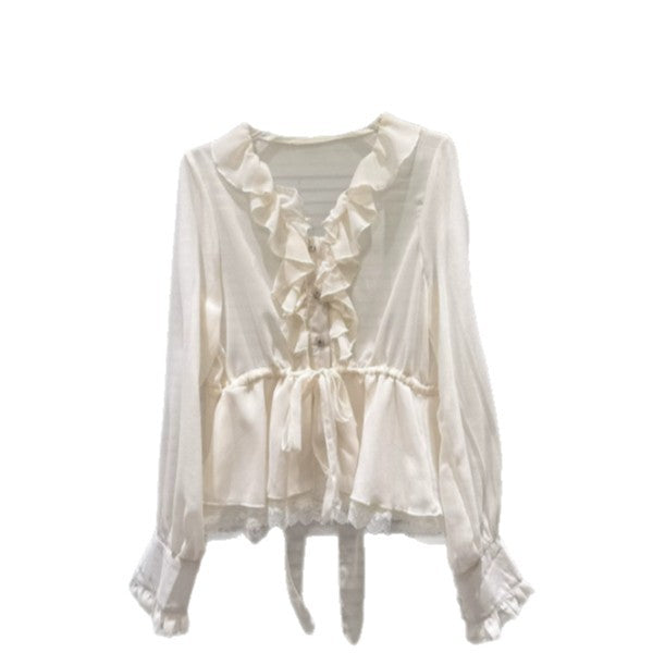 V-neck Ruffled Waist-cinching Long-sleeve Chiffon Blouse Top