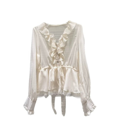 V-neck Ruffled Waist-cinching Long-sleeve Chiffon Blouse Top