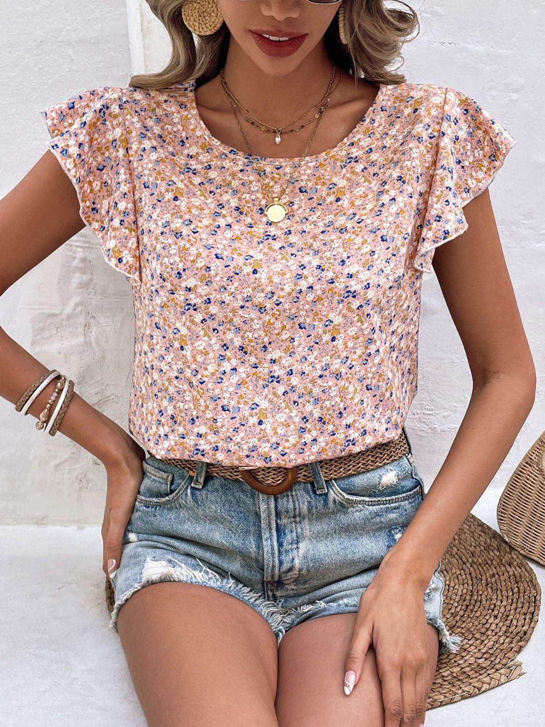 Ditsy Floral Round Neck Cap Sleeve Top for Women