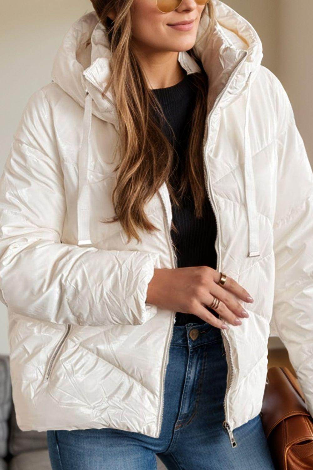 Drawstring Zip Up Long Sleeve Hooded Winter Coat for Women