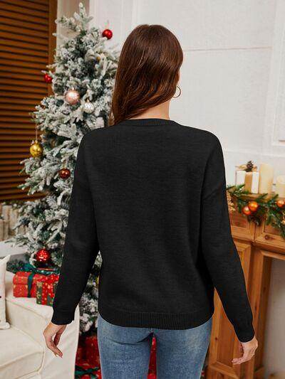 Sequin Candy Cane Round Neck Long Sleeve Sweater for Women