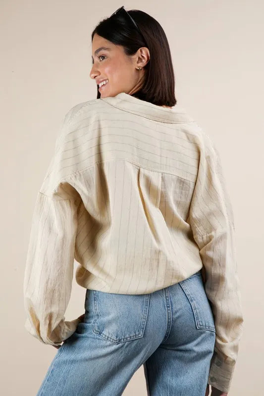 VERY J Full Size Oversized Striped Button Down Shirt Top Plus Size
