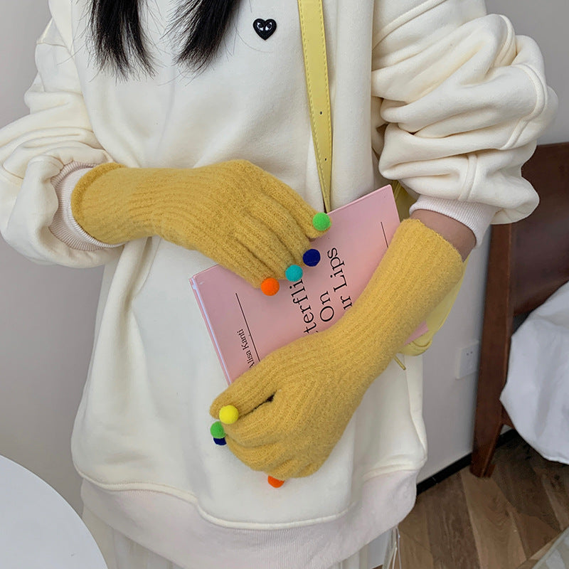 Colorful Plush Ball Gloves Winter Women's Cute Student Cycling Thickened