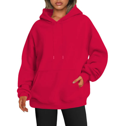 Women's Solid-color Loose-fit Drop-shoulder Hooded Sweatshirt