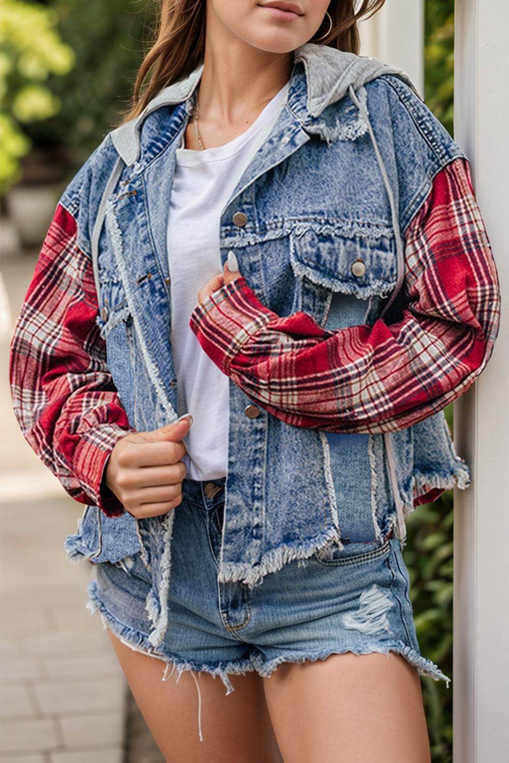 Raw Hem Drawstring Plaid Denim Jacket for Women