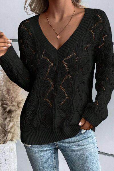 Openwork V-Neck Long Sleeve Sweater for Women Fashion