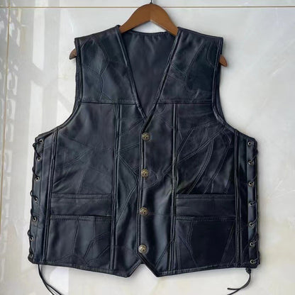 Classic Leather Biker Vest Mens WaistcoatPatchwork Sleeveless Jacket