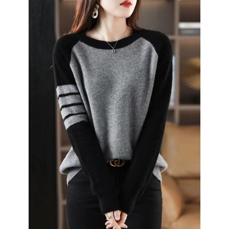 Round-neck Color-block Sweater Womens Top