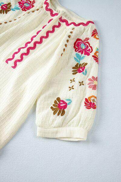 Floral Embroidered Notched Puff Sleeve Blouse for Women