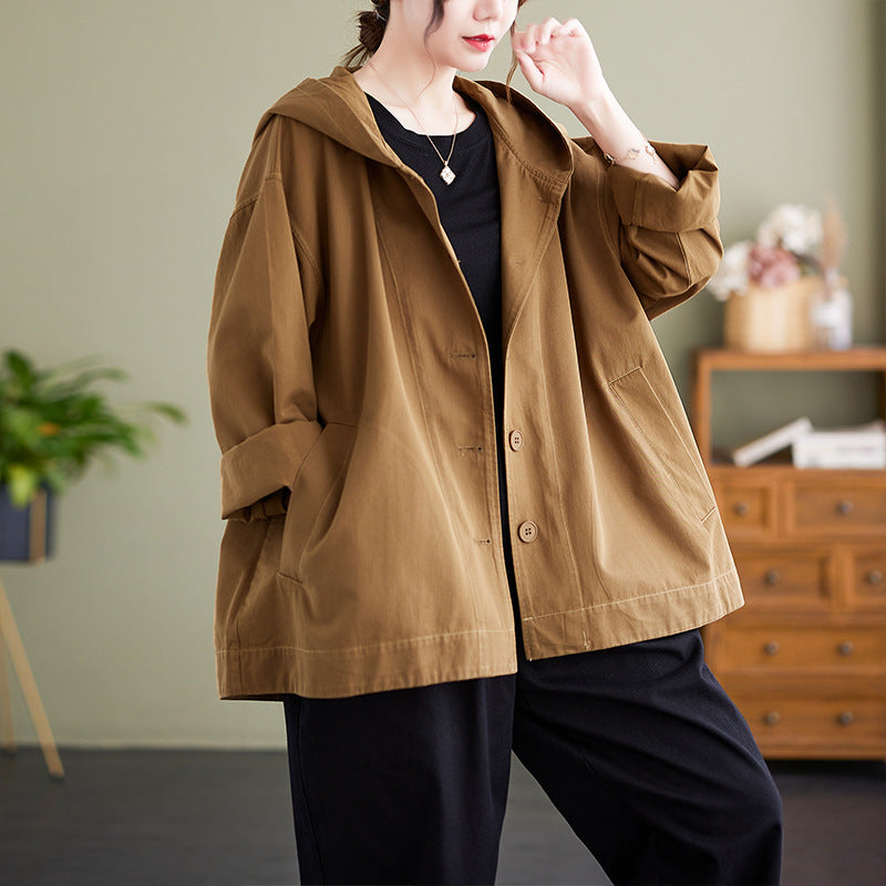 Hooded Loose Coat Women Retro Khaki Casual Cotton Artistic Stitching Women