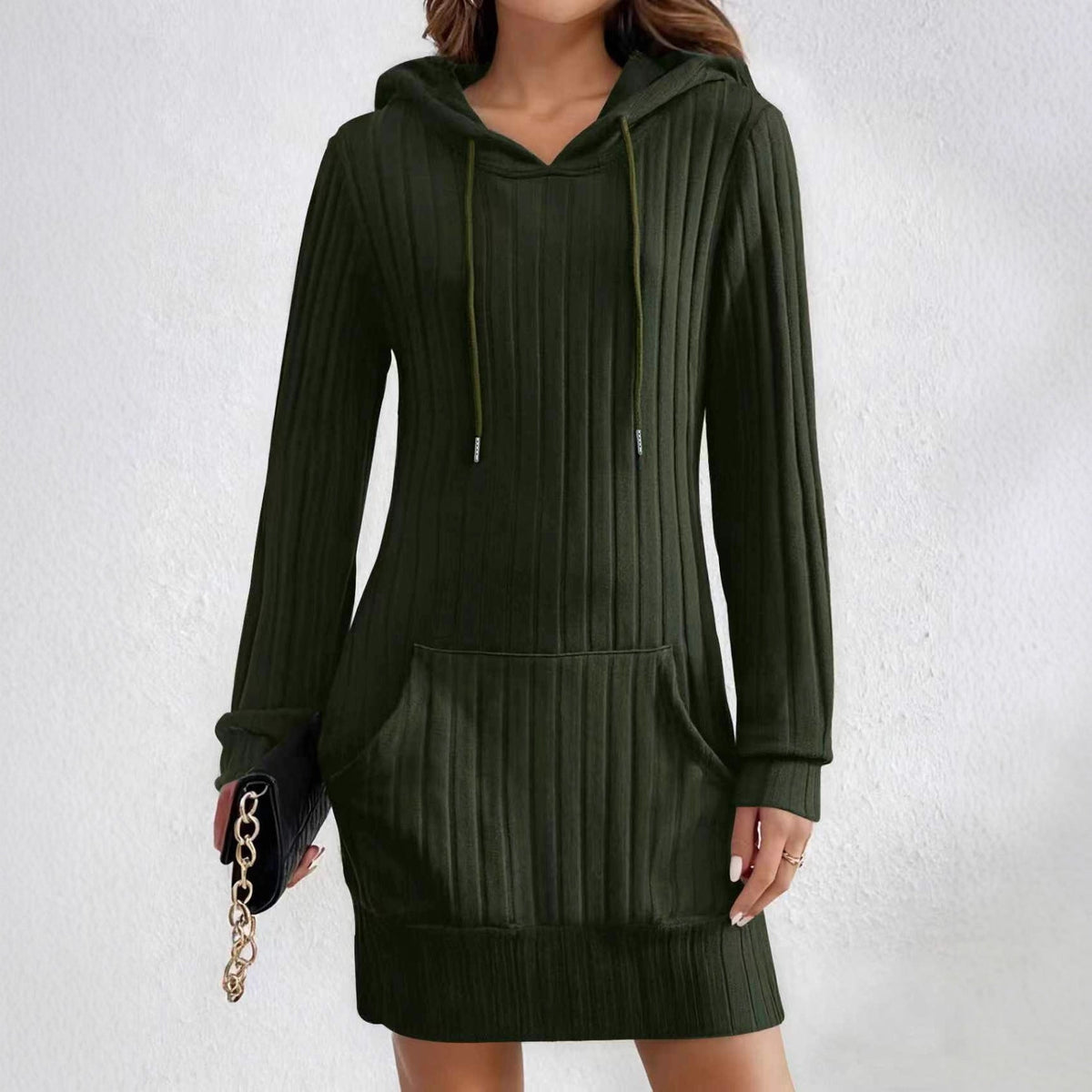 Knitted Hooded Ribbed Pocket Long-sleeve Dress