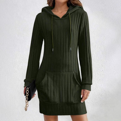 Knitted Hooded Ribbed Pocket Long-sleeve Dress