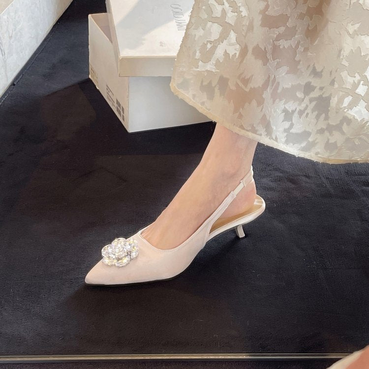 2026 Summer Women  Rhinestone Camellia Pointed Toe High Heel Sandals, Elegant Slim Fit Stiletto Closed Toe Pumps