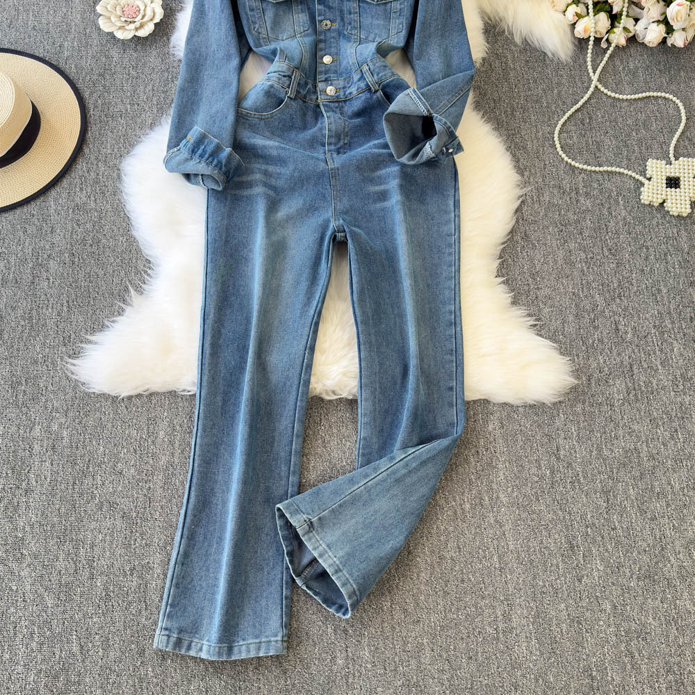 Women's Casual Long-sleeve Denim Jumpsuit