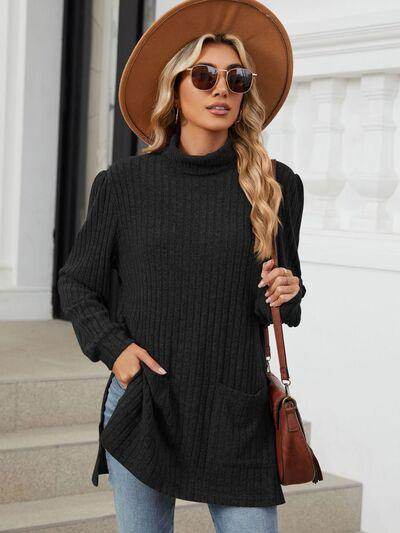 Slit Mock Neck Long Sleeve T-Shirt for Women with Pocket