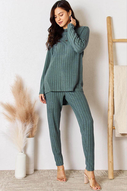 Basic Bae Full Size Ribbed Round Neck High-Low Slit Top Set