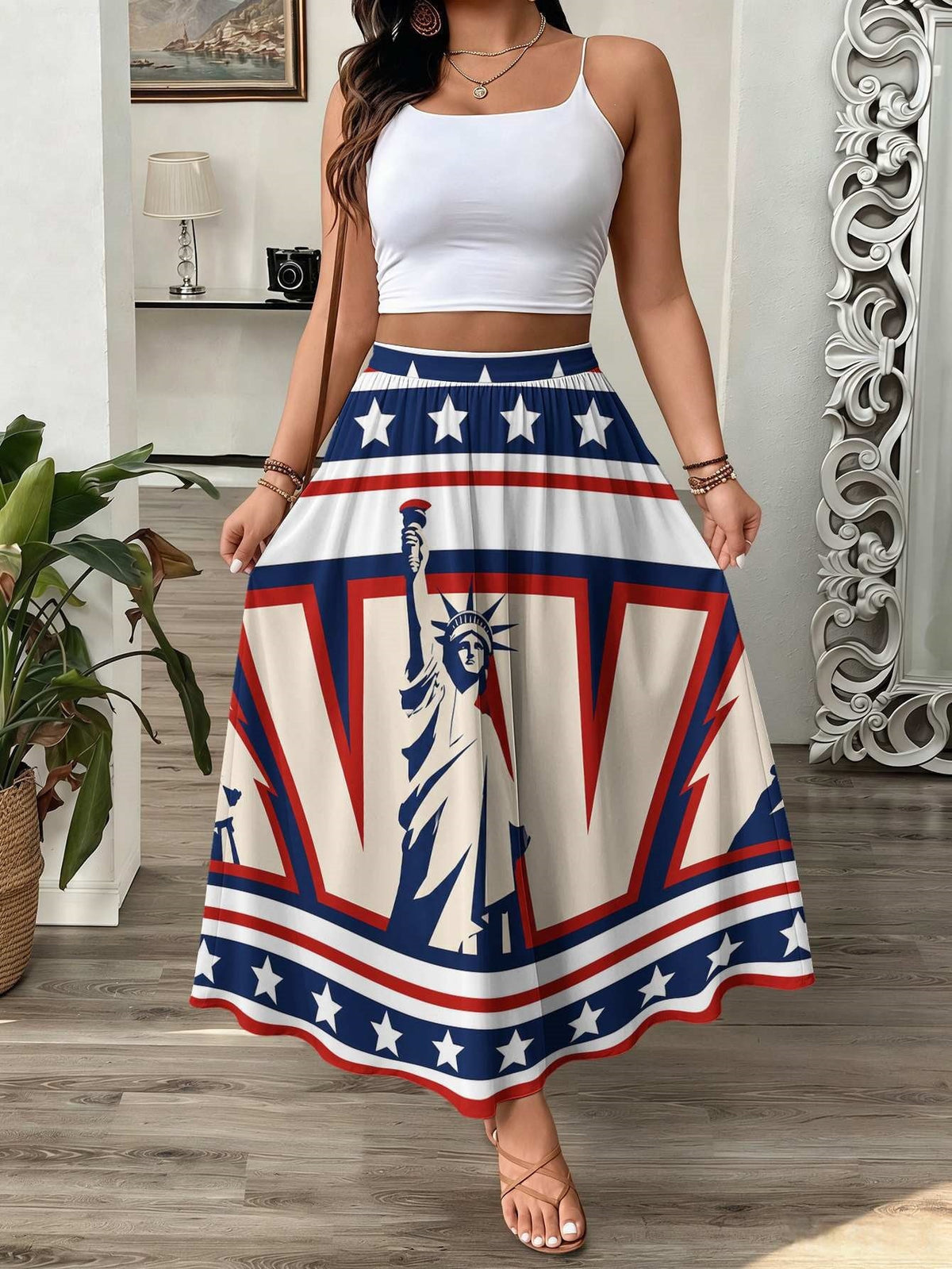 Womens 3D-printed Elastic High-waist Skirt