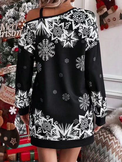 Christmas Snowflake Print Long Sleeve Sloping Shoulder Dress Women