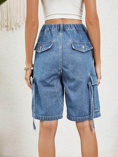 Buttoned Elastic Waist Denim Shorts with Pockets for Women