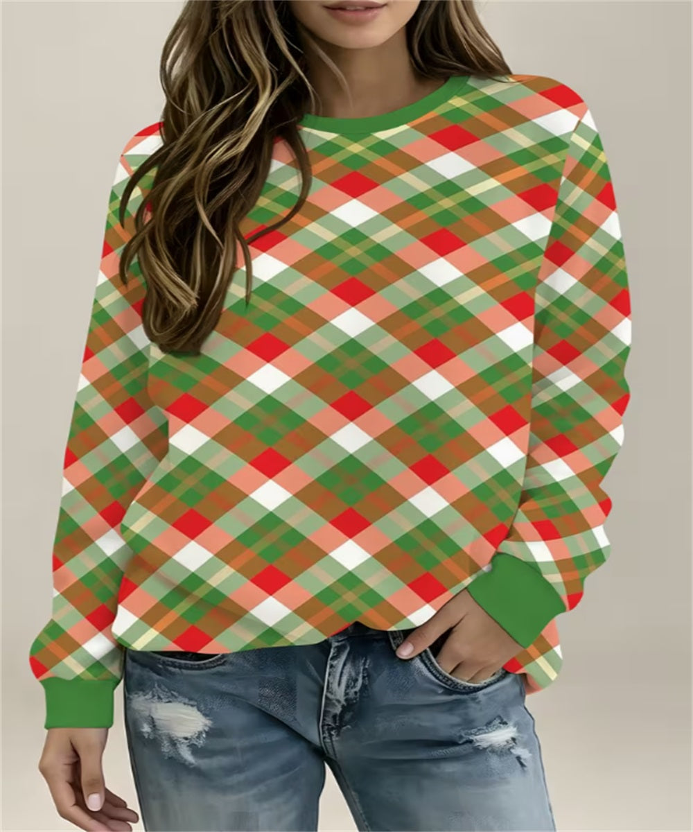 Women's Light Green Plaid Gingham Print Crew Neck Sweatshirt, Long Sleeve Casual Pullover Top