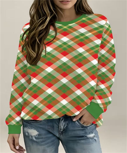 Women's Light Green Plaid Gingham Print Crew Neck Sweatshirt, Long Sleeve Casual Pullover Top