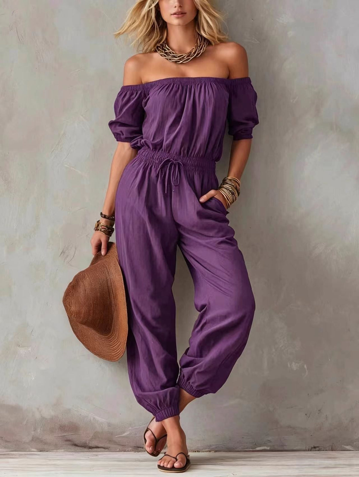 Off-shoulder Waist-cinching Lace-up Relaxed-fit Casual Jumpsuit