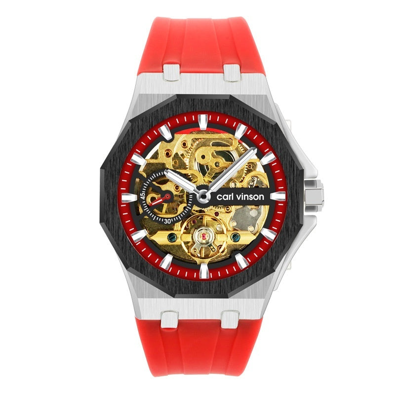 Fully Automatic Luminous Decorative Hollow Silicone-Strap Mechanical Alloy Watch
