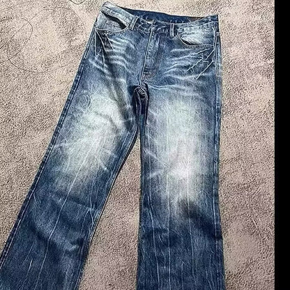 Mens Loose-fit American-style Washed-blue Jeans