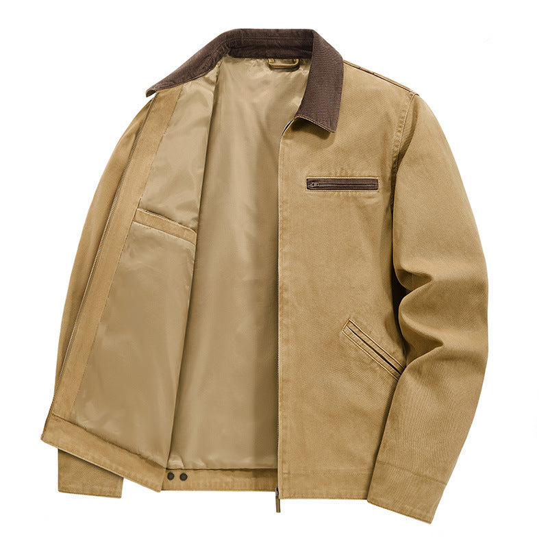 Lightweight Loose-fit Plus-size Washed Work Jacket With A Lapel Collar