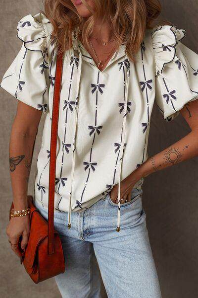 Bow Print Tie Neck Short Sleeve Blouse for Women