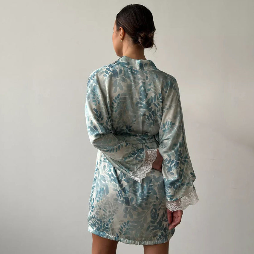 Printed Long-sleeve Lace Nightgownbathrobe Loungewear