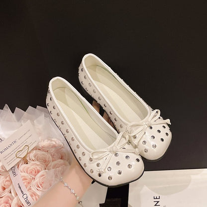 New Summer Rivet Bow Mary Jane Shoes Slip On Inner Heightening Ballet Flats For Women
