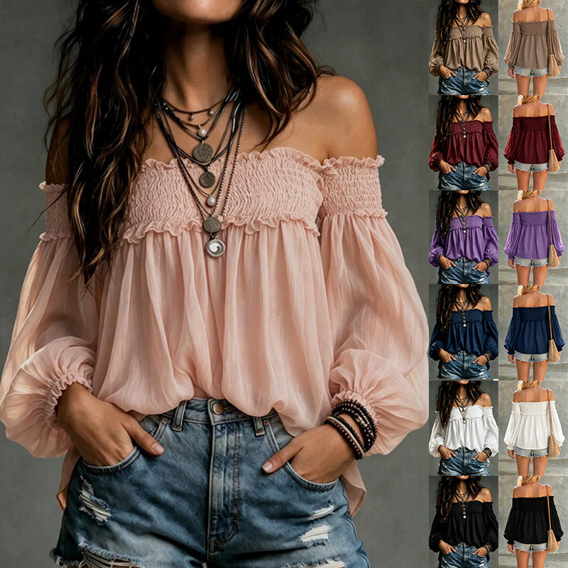 Womens Solid-color Off-shoulder Casual Smocking Top Shirt