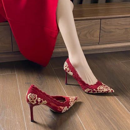 Women Pointed Toe Lace Floral Embroidery Stiletto Heel Wedding Pumps