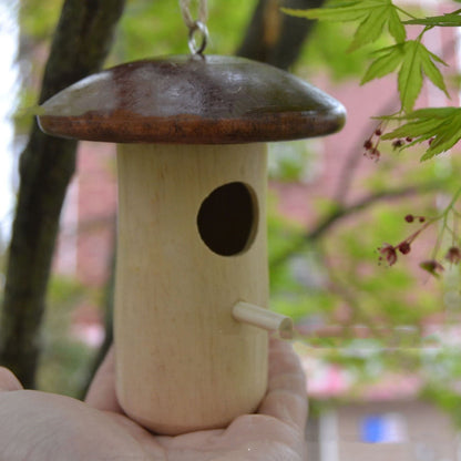 Wooden Bee Mushroom Shape Hummingbird Feeder Pendant