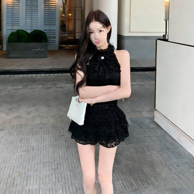 Bow-tie Off-shoulder Sleeveless Lace-panel Skirt Two-piece Set