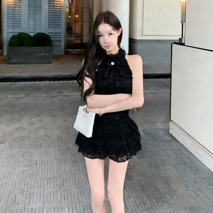 Bow-tie Off-shoulder Sleeveless Lace-panel Skirt Two-piece Set
