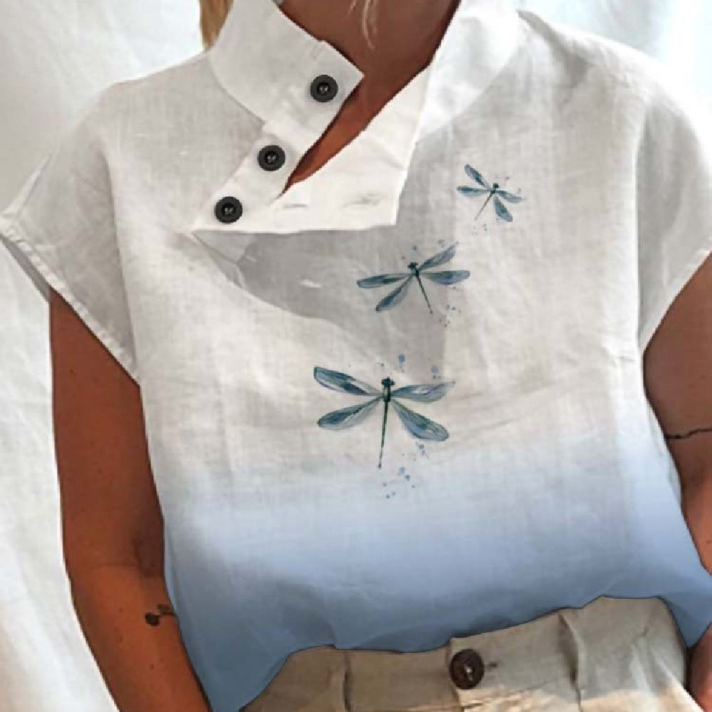 Casual Stand Collar Short Sleeve Digital Print Top
