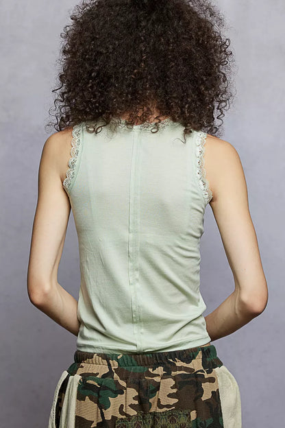 POL Round Neck Cropped Tank with Lace Trim