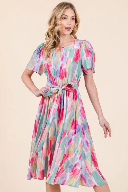 Lime 'N' Chili Watercolor Print Tie Front Midi Dress