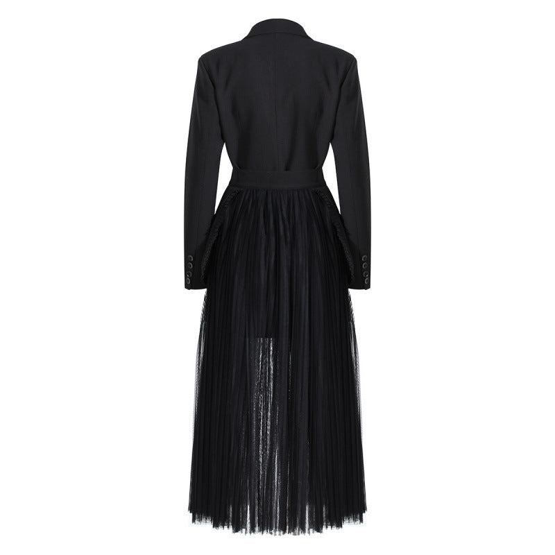 Double Breasted Blazer Spliced Pleated Tulle Midi Dress