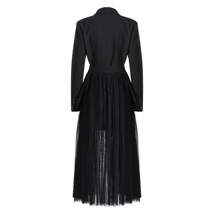 Double Breasted Blazer Spliced Pleated Tulle Midi Dress