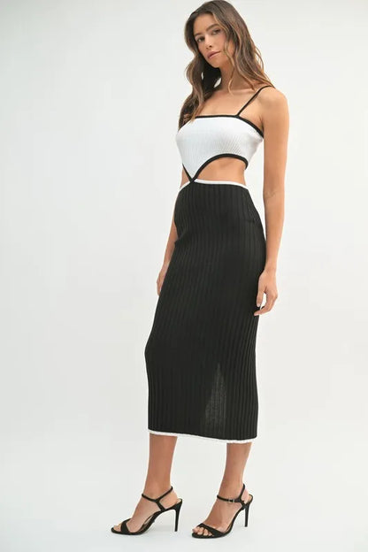 MABLE Ribbed Knit Color Block Cutout Midi Dress