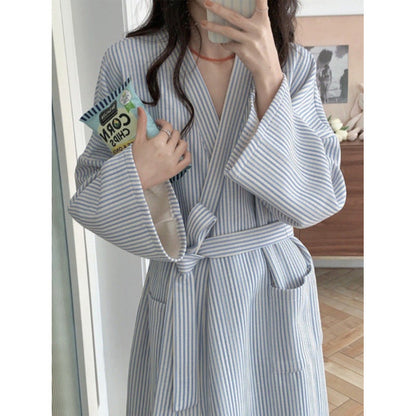 Women's Simple Striped Robe Bathrobe Loungewear
