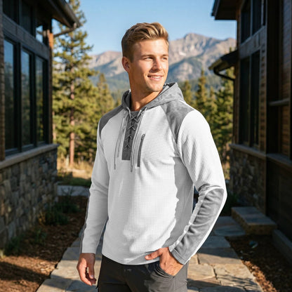 Cross-border TK Men's Waffle Pattern Color-blocked Hoodie, European And American Style, With Drawstring, Plus-size Long-sleeve Top, Casual Pullover Sweatshirt