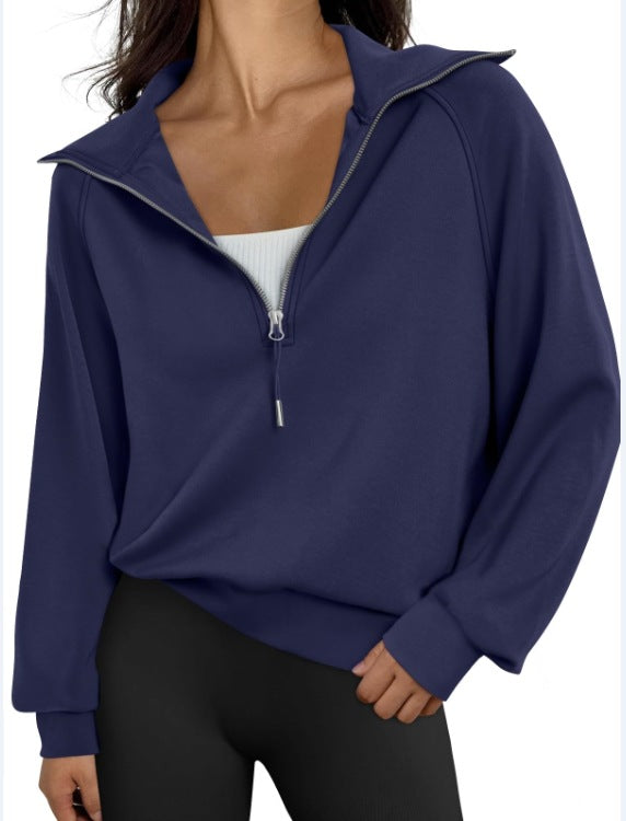Women's Short Stand-collar Half-zip Fleece-lined Solid-color Sweatshirt