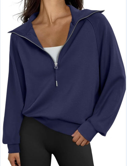 Women's Short Stand-collar Half-zip Fleece-lined Solid-color Sweatshirt